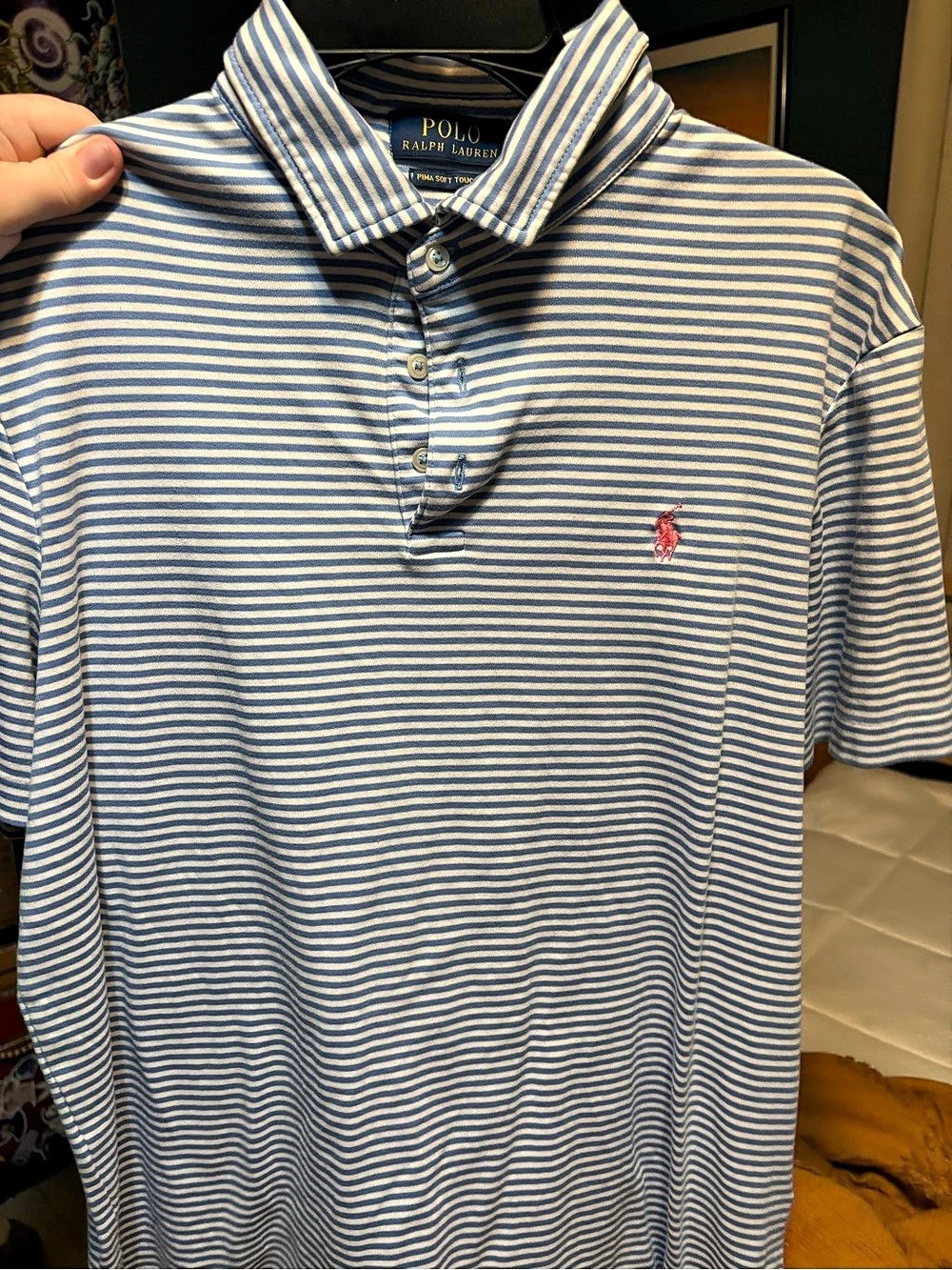 Polo Ralph Lauren Pima Soft Touch Striped Polo Shirt Blue & White Large